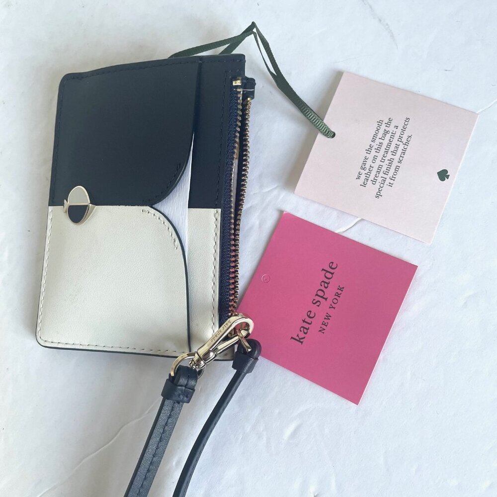 Kate Spade Nicola Mini Wristlet Wallet Black White Colorblock Leather Zip Card H - Picture 5 of 7